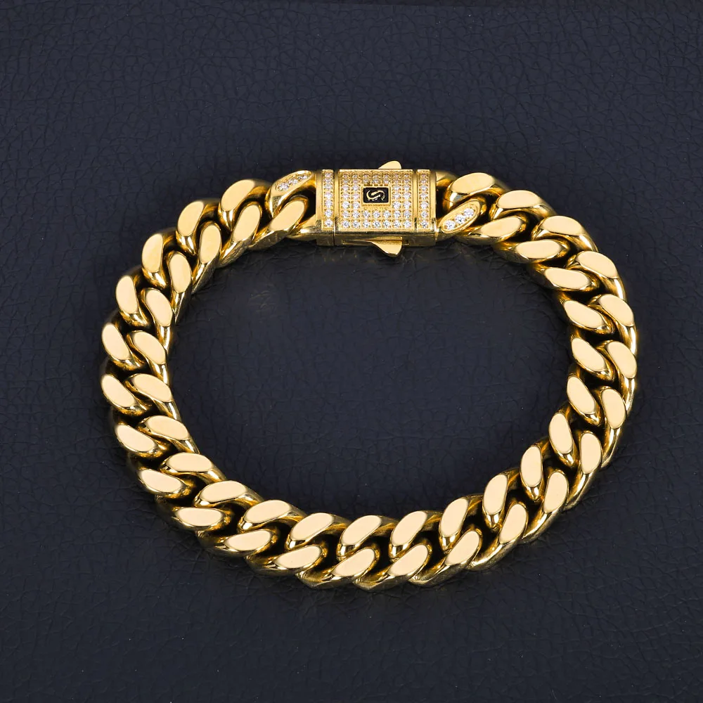 ESKEEM Hip Hop Monaco Bracelet PVD 14k Gold Plated Miami Cuban Link Chains 6/9/11/13MM Stainless Steel for Women And Men