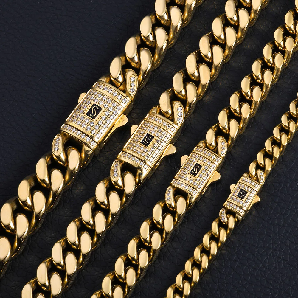 ESKEEM Hip Hop Monaco Bracelet PVD 14k Gold Plated Miami Cuban Link Chains 6/9/11/13MM Stainless Steel for Women And Men