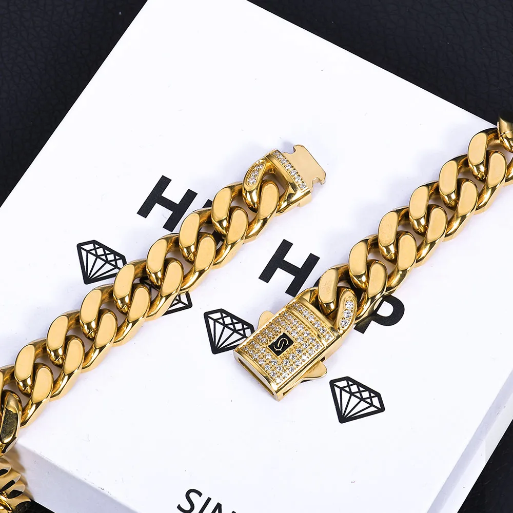 ESKEEM Hip Hop Monaco Bracelet PVD 14k Gold Plated Miami Cuban Link Chains 6/9/11/13MM Stainless Steel for Women And Men