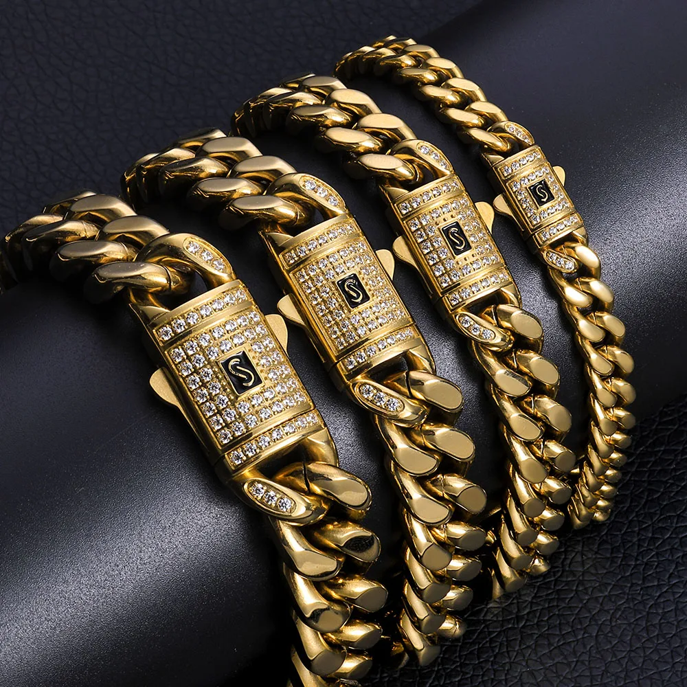 ESKEEM Hip Hop Monaco Bracelet PVD 14k Gold Plated Miami Cuban Link Chains 6/9/11/13MM Stainless Steel for Women And Men