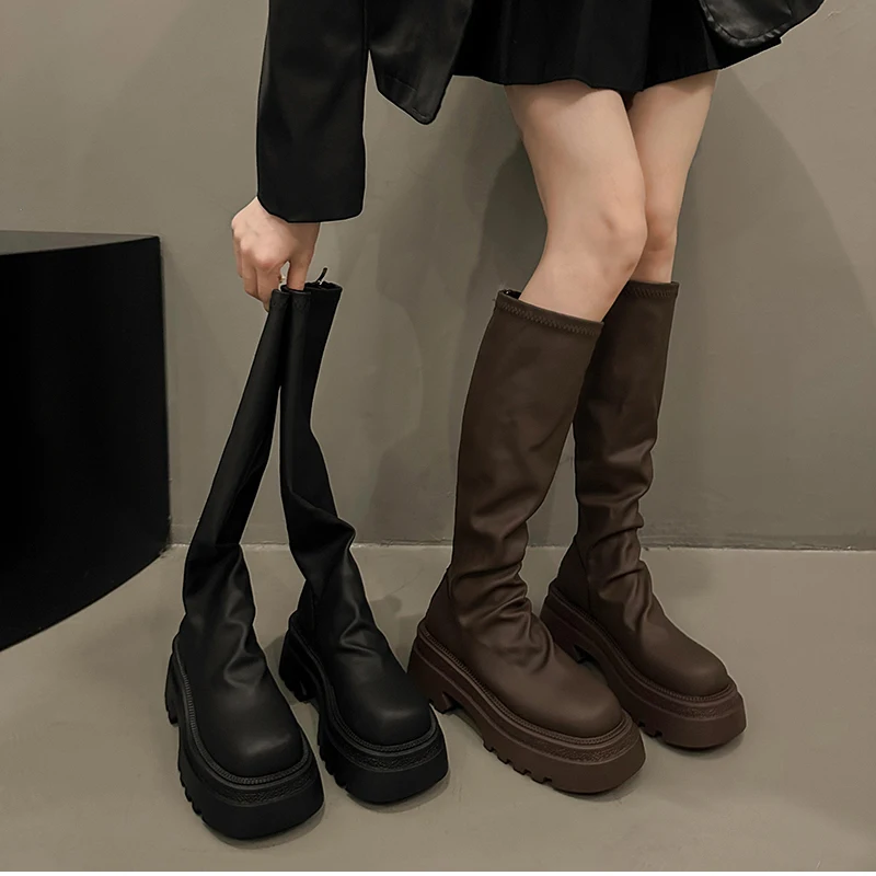 Autumn Winter Slim Women Knee High Boots Female Platform Thick Bottom Long Booties Zapatos De Mujer