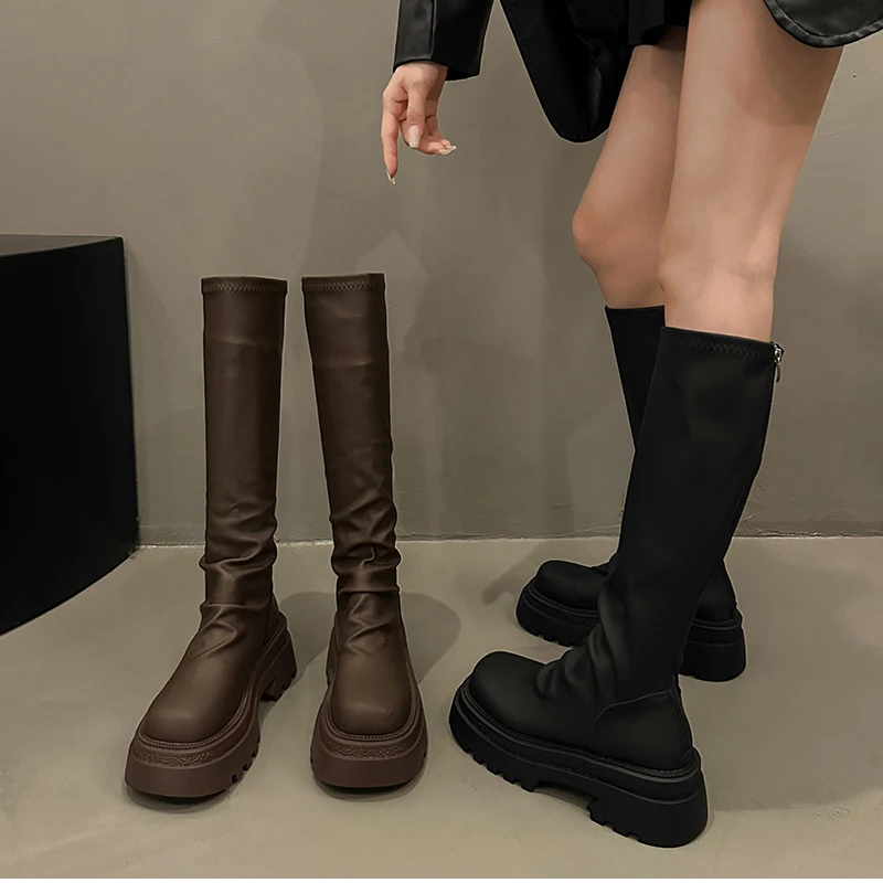 Autumn Winter Slim Women Knee High Boots Female Platform Thick Bottom Long Booties Zapatos De Mujer