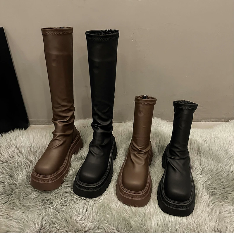 Autumn Winter Slim Women Knee High Boots Female Platform Thick Bottom Long Booties Zapatos De Mujer