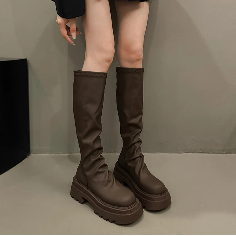 Autumn Winter Slim Women Knee High Boots Female Platform Thick Bottom Long Booties Zapatos De Mujer