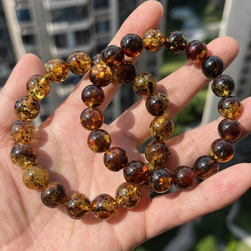 10mm 12mm Big Piebald Amber Bracelet Wholesale New Round Defect Stone Diy Trendy Women Baltic Genuine Ambre Natural Jewelry Gift