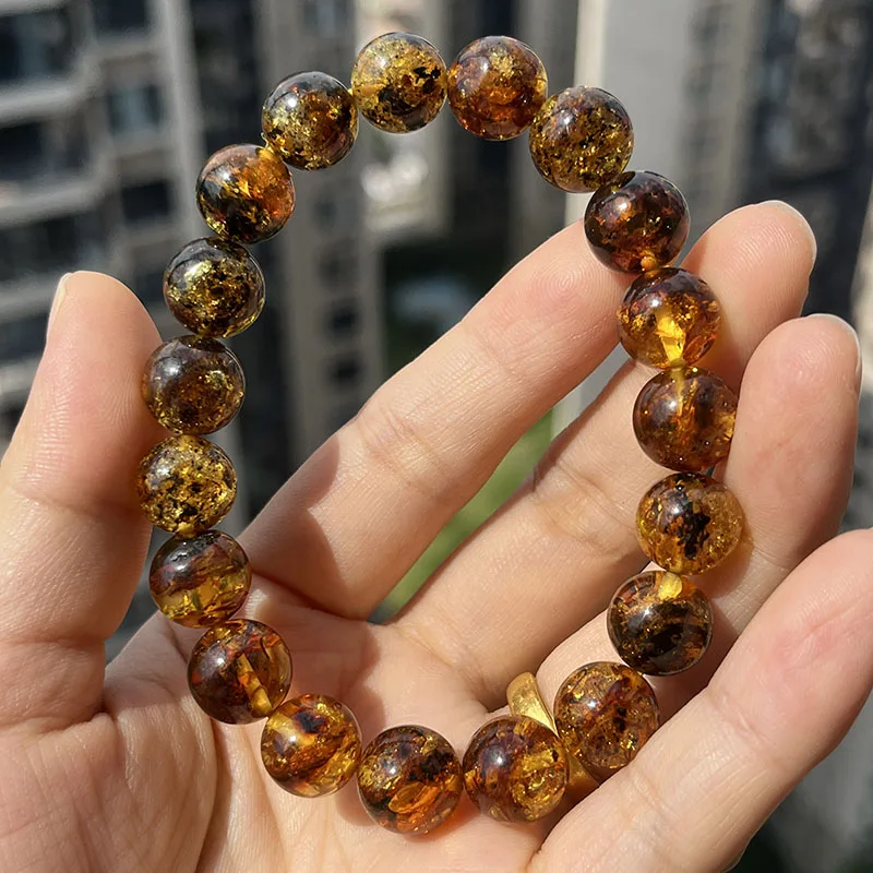 10mm 12mm Big Piebald Amber Bracelet Wholesale New Round Defect Stone Diy Trendy Women Baltic Genuine Ambre Natural Jewelry Gift