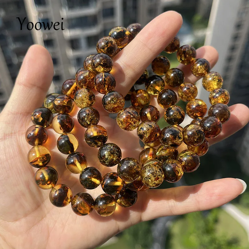 10mm 12mm Big Piebald Amber Bracelet Wholesale New Round Defect Stone Diy Trendy Women Baltic Genuine Ambre Natural Jewelry Gift
