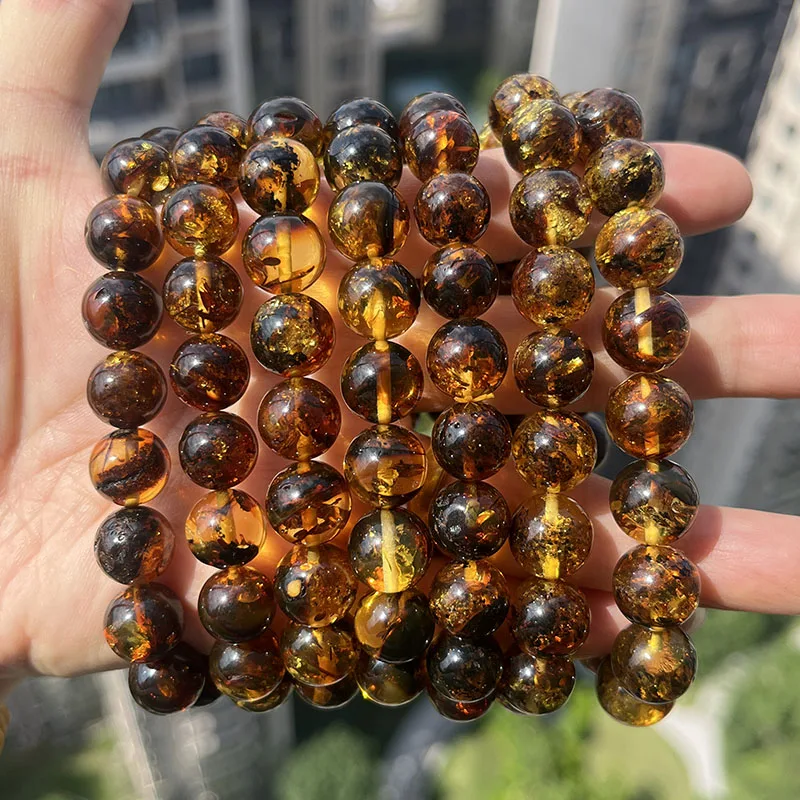 10mm 12mm Big Piebald Amber Bracelet Wholesale New Round Defect Stone Diy Trendy Women Baltic Genuine Ambre Natural Jewelry Gift