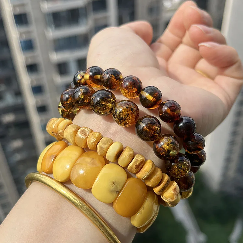 10mm 12mm Big Piebald Amber Bracelet Wholesale New Round Defect Stone Diy Trendy Women Baltic Genuine Ambre Natural Jewelry Gift