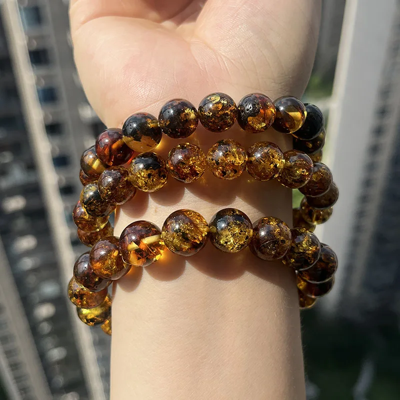 10mm 12mm Big Piebald Amber Bracelet Wholesale New Round Defect Stone Diy Trendy Women Baltic Genuine Ambre Natural Jewelry Gift