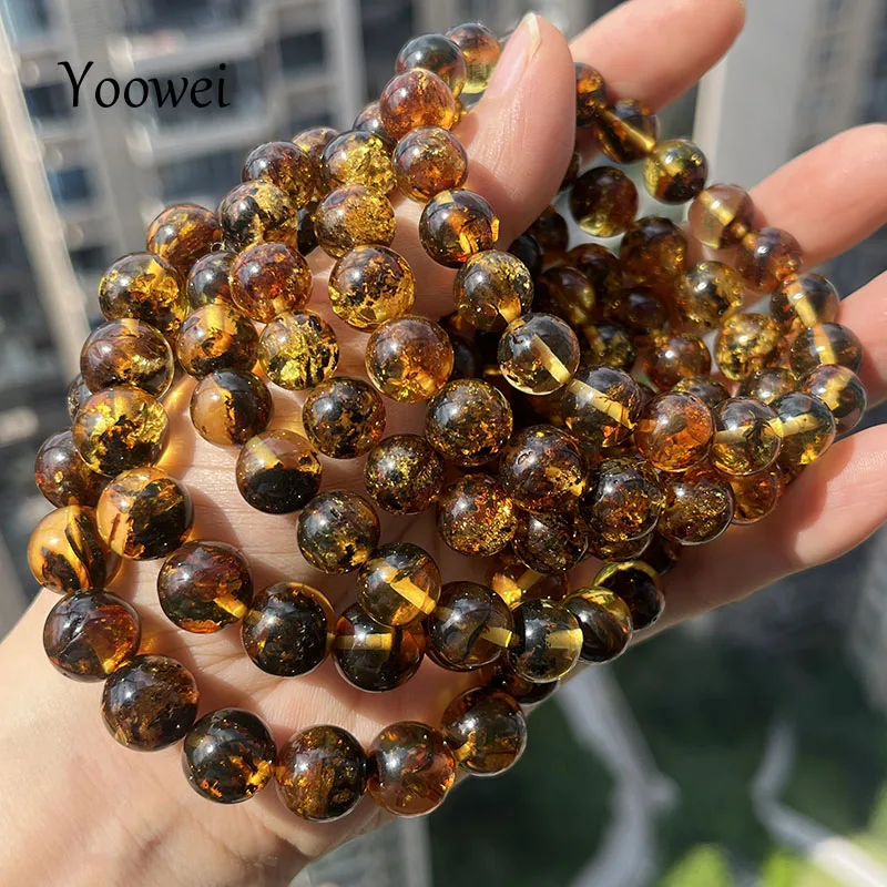 10mm 12mm Big Piebald Amber Bracelet Wholesale New Round Defect Stone Diy Trendy Women Baltic Genuine Ambre Natural Jewelry Gift
