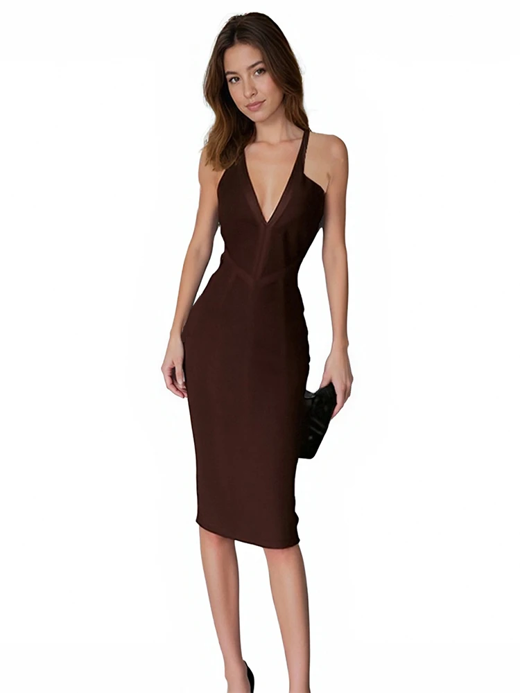 Deep V-neck halter-neck Mid-length Bodycon Bandage Dress Sexy Fashion Women's Summer Celebrity Evening Party Dress Vestidos