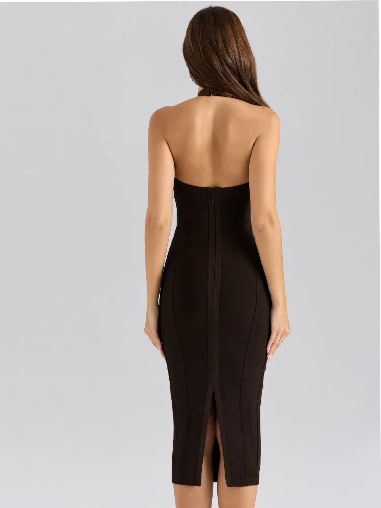Deep V-neck halter-neck Mid-length Bodycon Bandage Dress Sexy Fashion Women's Summer Celebrity Evening Party Dress Vestidos