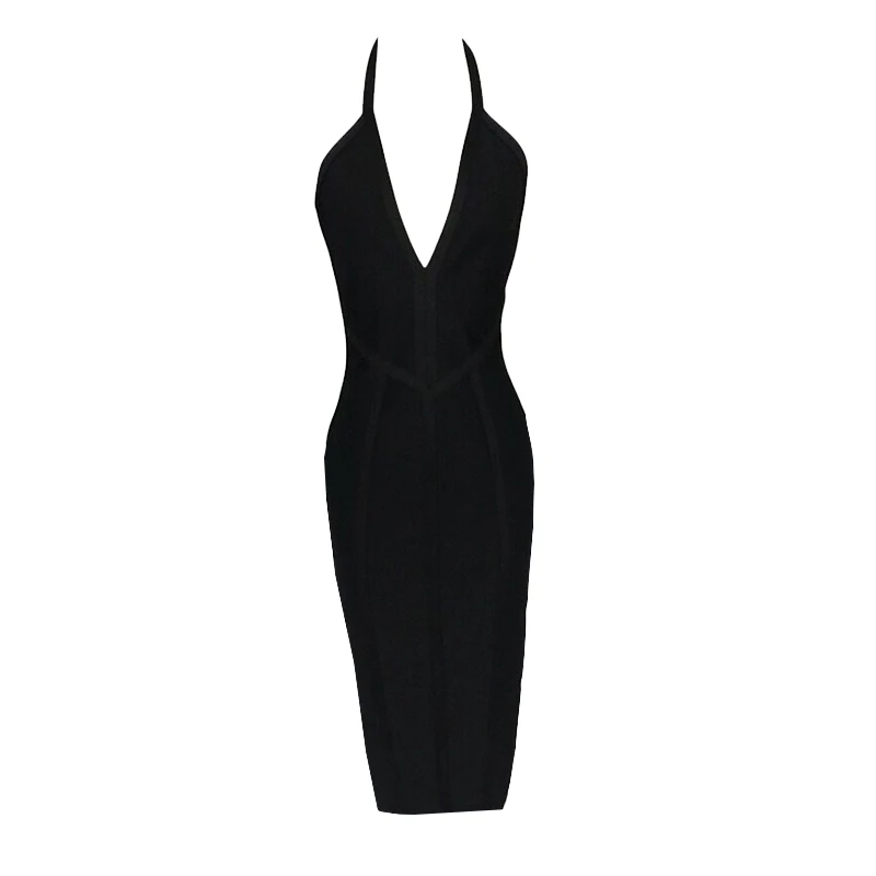 Deep V-neck halter-neck Mid-length Bodycon Bandage Dress Sexy Fashion Women's Summer Celebrity Evening Party Dress Vestidos