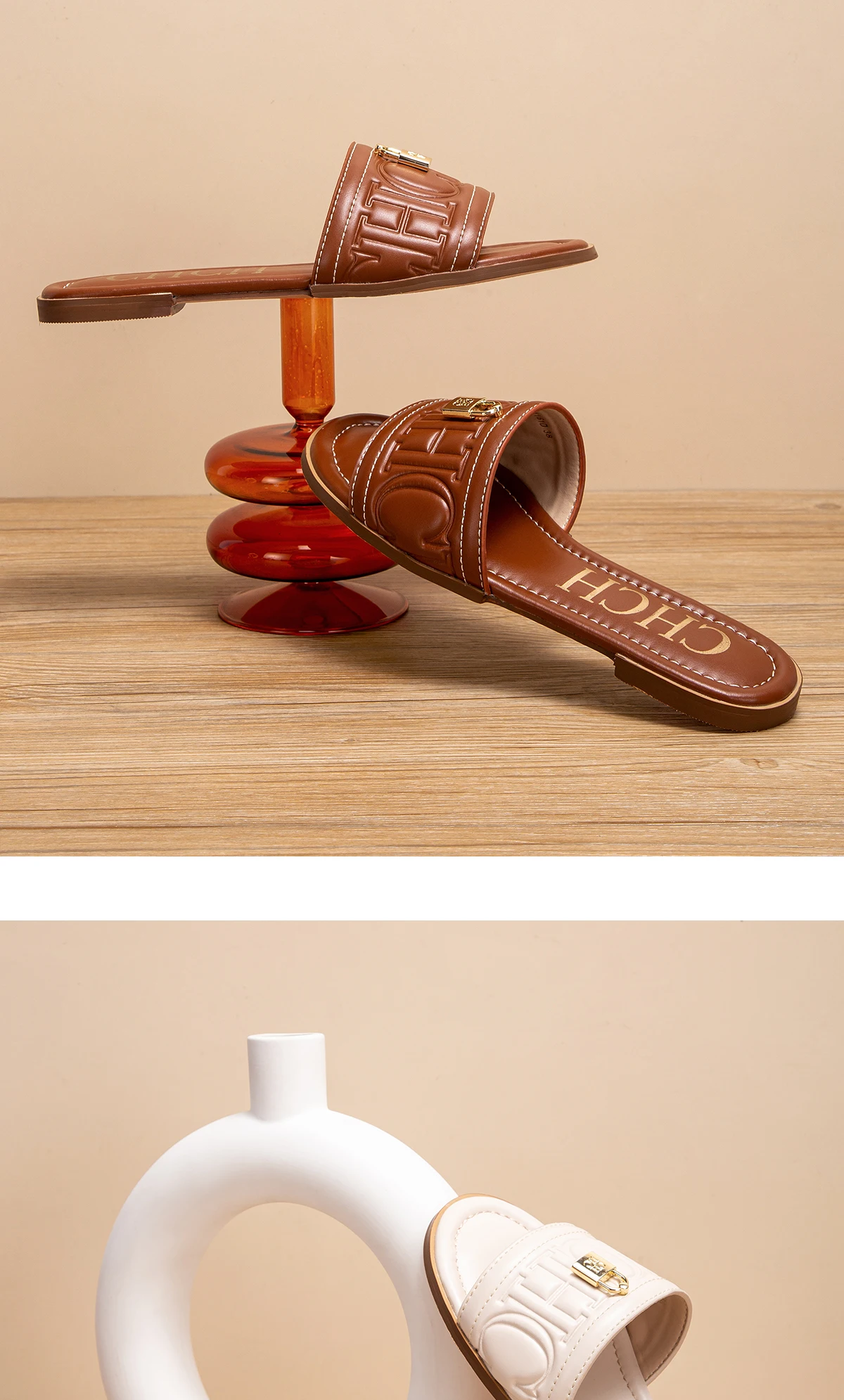 C-H Woman Flat Shoes Summer New Solid Color Embossed Sandals Simple Fashion Slippers For Girl Students Shoes