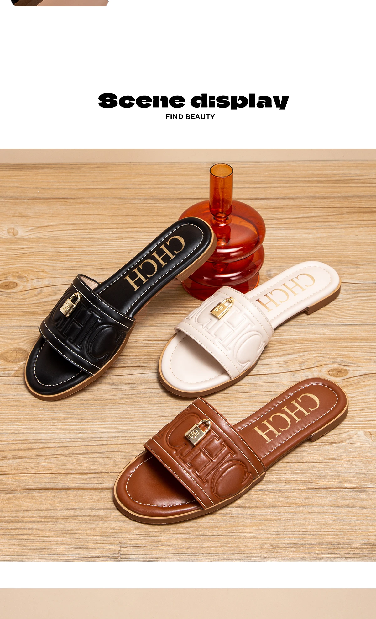 C-H Woman Flat Shoes Summer New Solid Color Embossed Sandals Simple Fashion Slippers For Girl Students Shoes