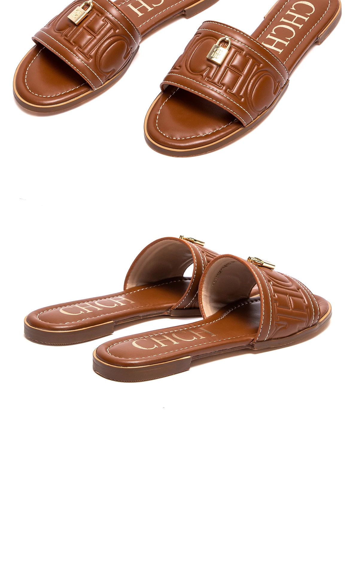 C-H Woman Flat Shoes Summer New Solid Color Embossed Sandals Simple Fashion Slippers For Girl Students Shoes