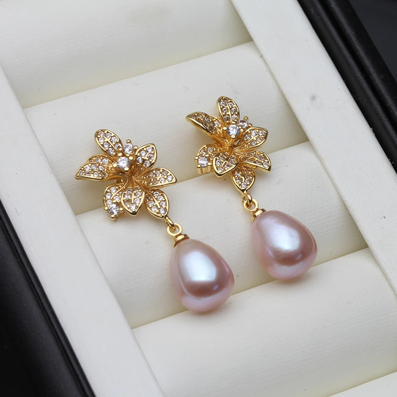 Genuine 925 Silver Earrings with Natural Pearls,White Freshwater Flower Pearl Earrings Drop Mother Wife Birthday Gift Gray Black