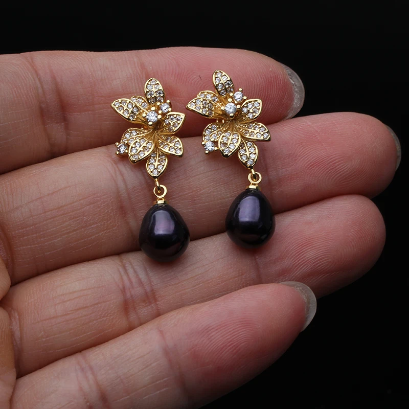 Genuine 925 Silver Earrings with Natural Pearls,White Freshwater Flower Pearl Earrings Drop Mother Wife Birthday Gift Gray Black