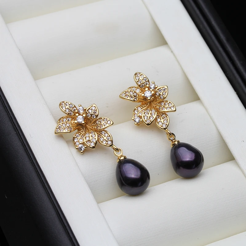 Genuine 925 Silver Earrings with Natural Pearls,White Freshwater Flower Pearl Earrings Drop Mother Wife Birthday Gift Gray Black