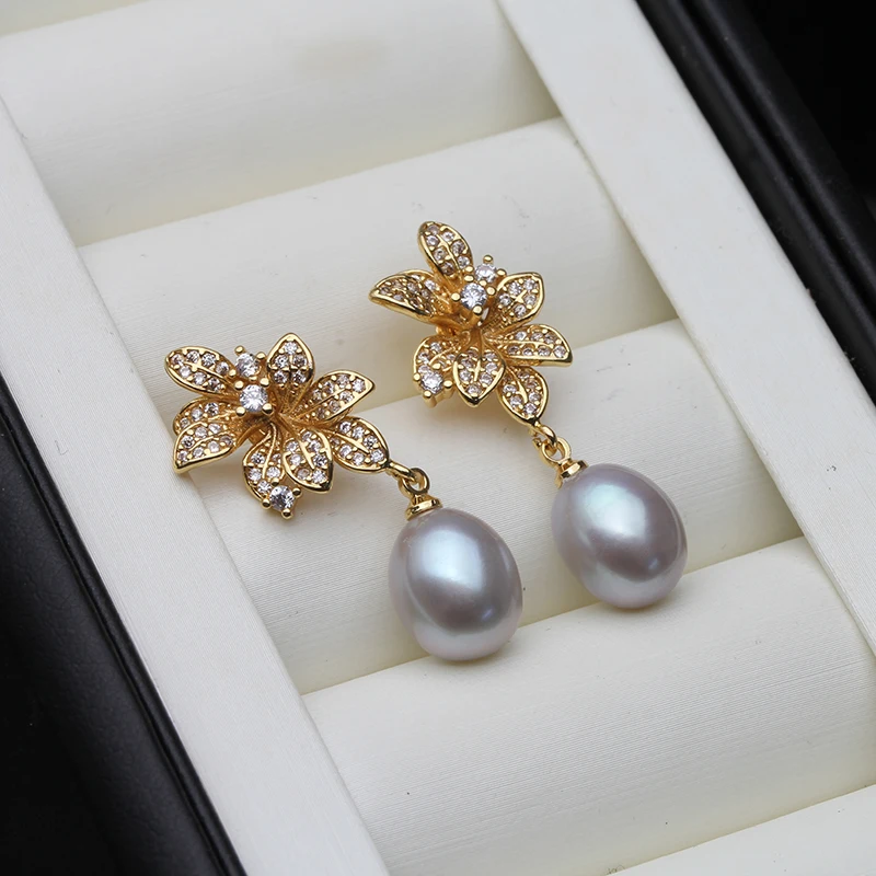 Genuine 925 Silver Earrings with Natural Pearls,White Freshwater Flower Pearl Earrings Drop Mother Wife Birthday Gift Gray Black