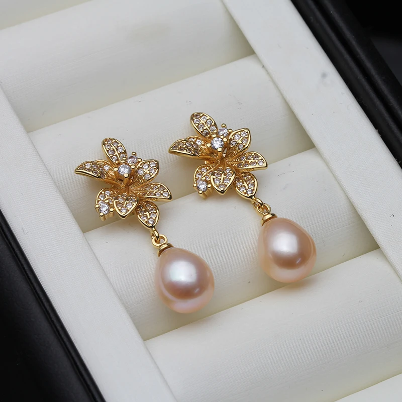 Genuine 925 Silver Earrings with Natural Pearls,White Freshwater Flower Pearl Earrings Drop Mother Wife Birthday Gift Gray Black