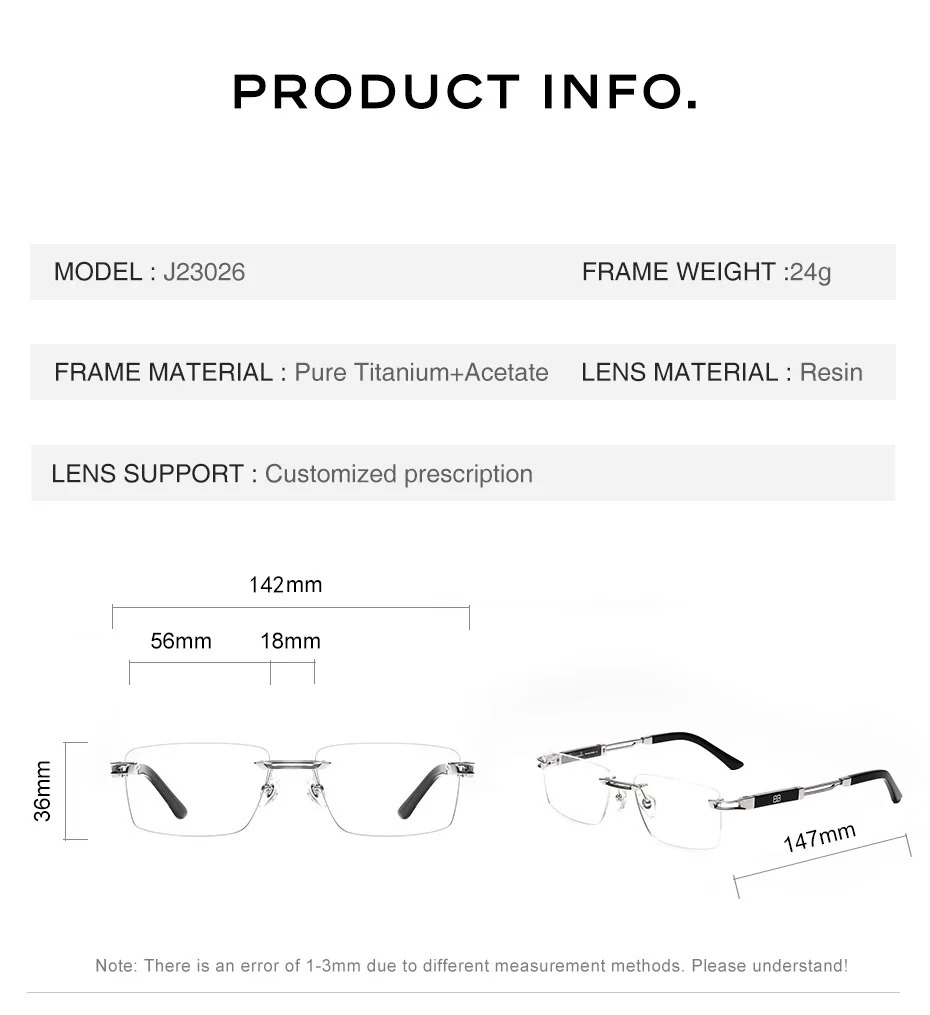 CAPONI Hot Rimless Men's Glasses Frame Luxury Business Pure Titanium Acetate Eyeglasses UV400 Brand Design New Spectacles J23026
