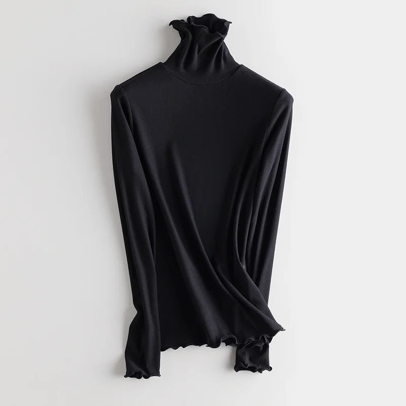 SuyaDream Women Bottoming T Shirt Real Silk Blend Long Sleeves Solid Basic Shirt 2024 Autumn Winter Turtleneck Top
