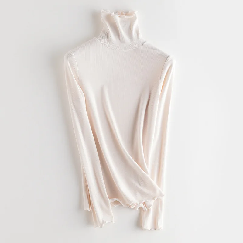 SuyaDream Women Bottoming T Shirt Real Silk Blend Long Sleeves Solid Basic Shirt 2024 Autumn Winter Turtleneck Top