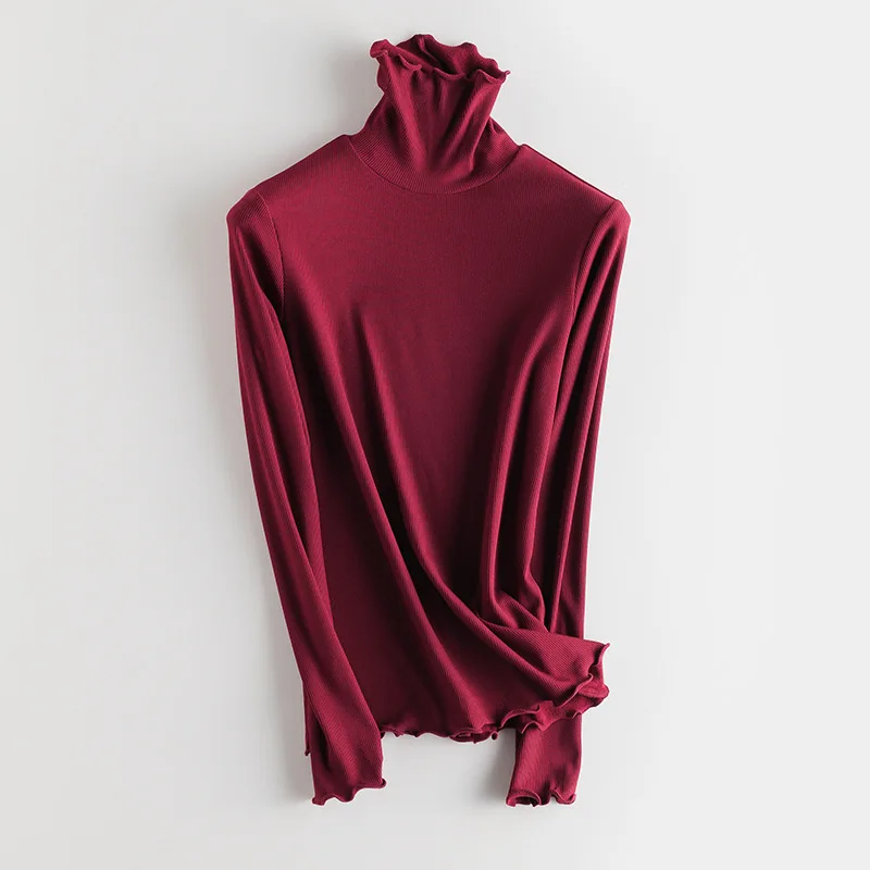 SuyaDream Women Bottoming T Shirt Real Silk Blend Long Sleeves Solid Basic Shirt 2024 Autumn Winter Turtleneck Top