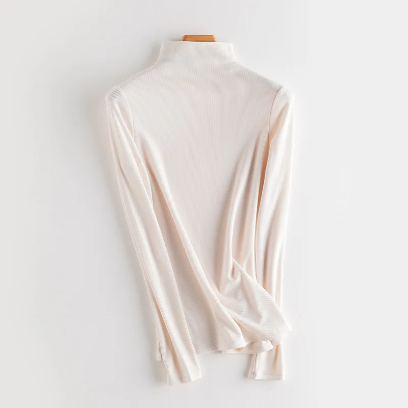 SuyaDream Women Bottoming T Shirt Real Silk Blend Long Sleeves Solid Basic Shirt 2024 Autumn Winter Turtleneck Top