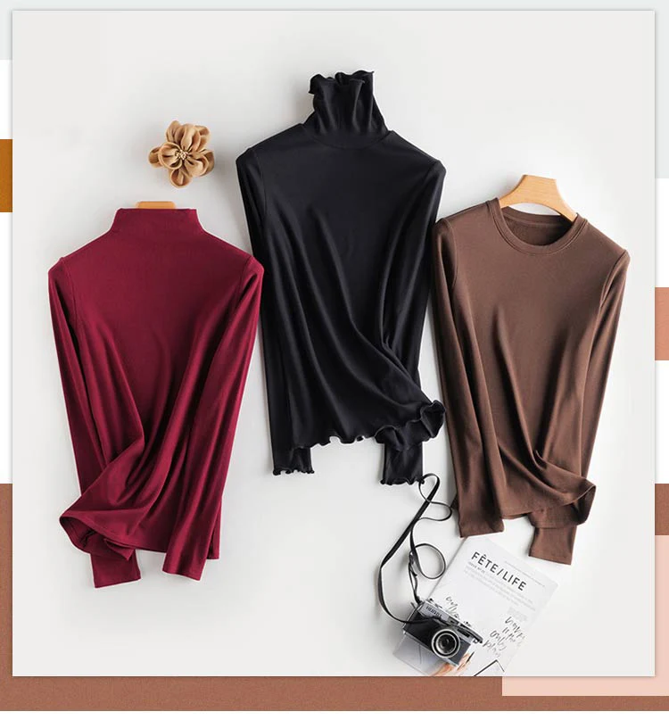 SuyaDream Women Bottoming T Shirt Real Silk Blend Long Sleeves Solid Basic Shirt 2024 Autumn Winter Turtleneck Top