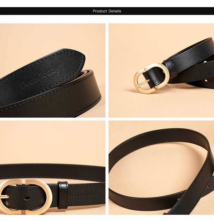 BEAUTODAY Belt Women Genuine Cow Leather Metal Oval Buckle Retro Simple Solid Ladies Jeans Dress Waistband Handmade 91012