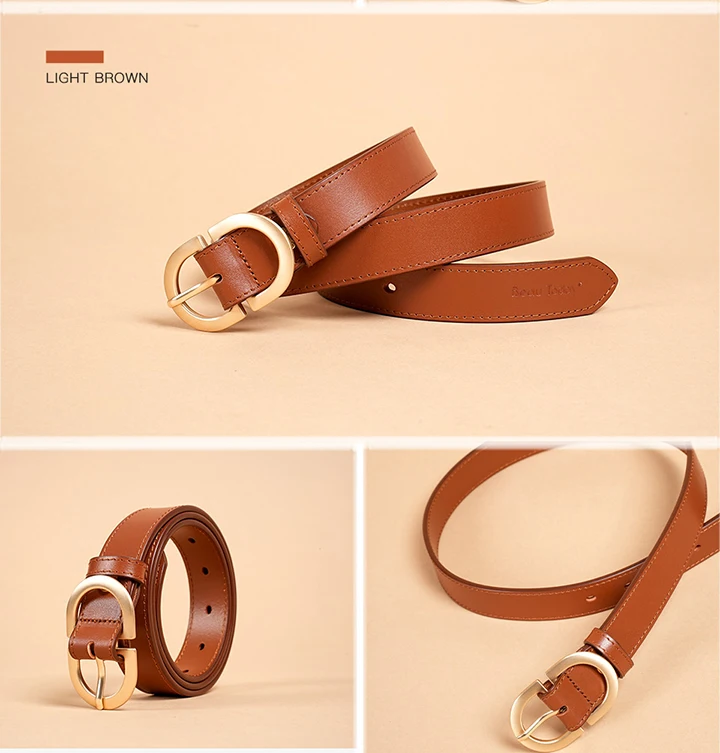 BEAUTODAY Belt Women Genuine Cow Leather Metal Oval Buckle Retro Simple Solid Ladies Jeans Dress Waistband Handmade 91012
