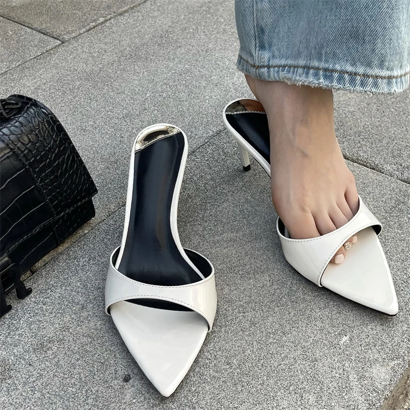 Liyke Summer Fashion Low Thin Heels Women Slippers Gladiator Sandals Cozy Patent Leather Pointed Toe Slip-On Slides Shoes Mules