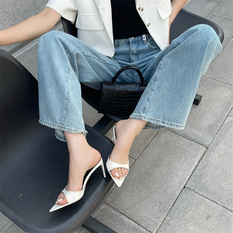 Liyke Summer Fashion Low Thin Heels Women Slippers Gladiator Sandals Cozy Patent Leather Pointed Toe Slip-On Slides Shoes Mules