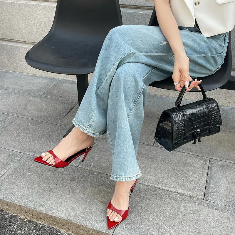 Liyke Summer Fashion Low Thin Heels Women Slippers Gladiator Sandals Cozy Patent Leather Pointed Toe Slip-On Slides Shoes Mules