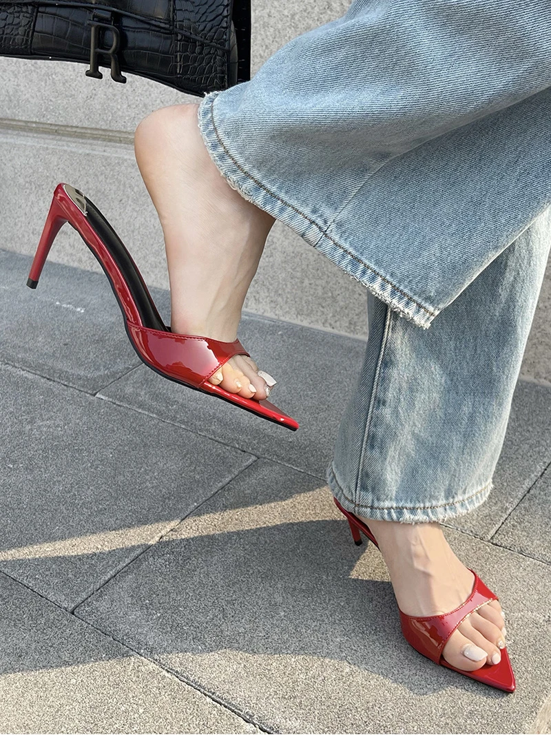 Liyke Summer Fashion Low Thin Heels Women Slippers Gladiator Sandals Cozy Patent Leather Pointed Toe Slip-On Slides Shoes Mules