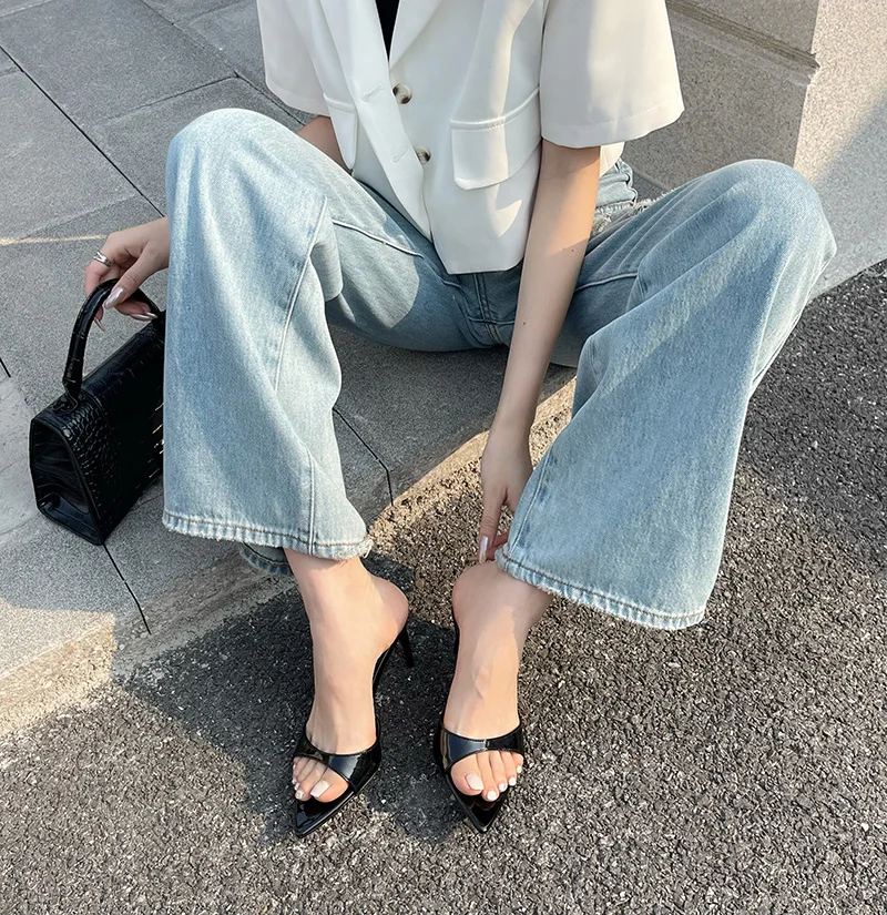 Liyke Summer Fashion Low Thin Heels Women Slippers Gladiator Sandals Cozy Patent Leather Pointed Toe Slip-On Slides Shoes Mules