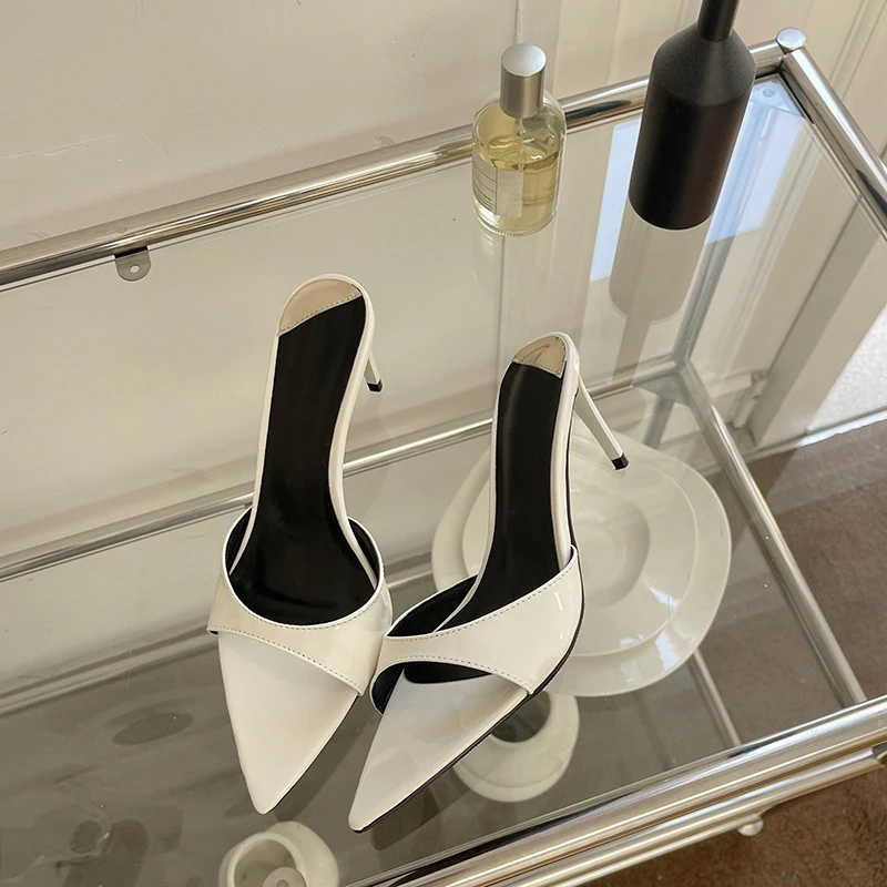 Liyke Summer Fashion Low Thin Heels Women Slippers Gladiator Sandals Cozy Patent Leather Pointed Toe Slip-On Slides Shoes Mules