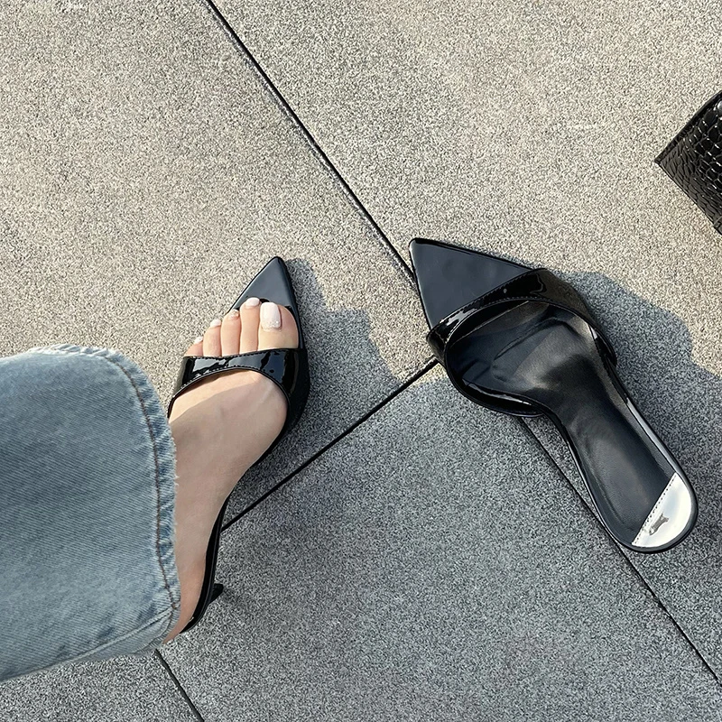 Liyke Summer Fashion Low Thin Heels Women Slippers Gladiator Sandals Cozy Patent Leather Pointed Toe Slip-On Slides Shoes Mules