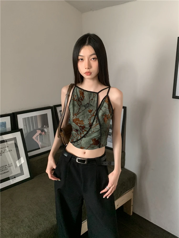 CHEERART Flocking Floral Vintage Crop Cami Top For Women Sleeveless Flower Green Tops Designer Clothes Luxury