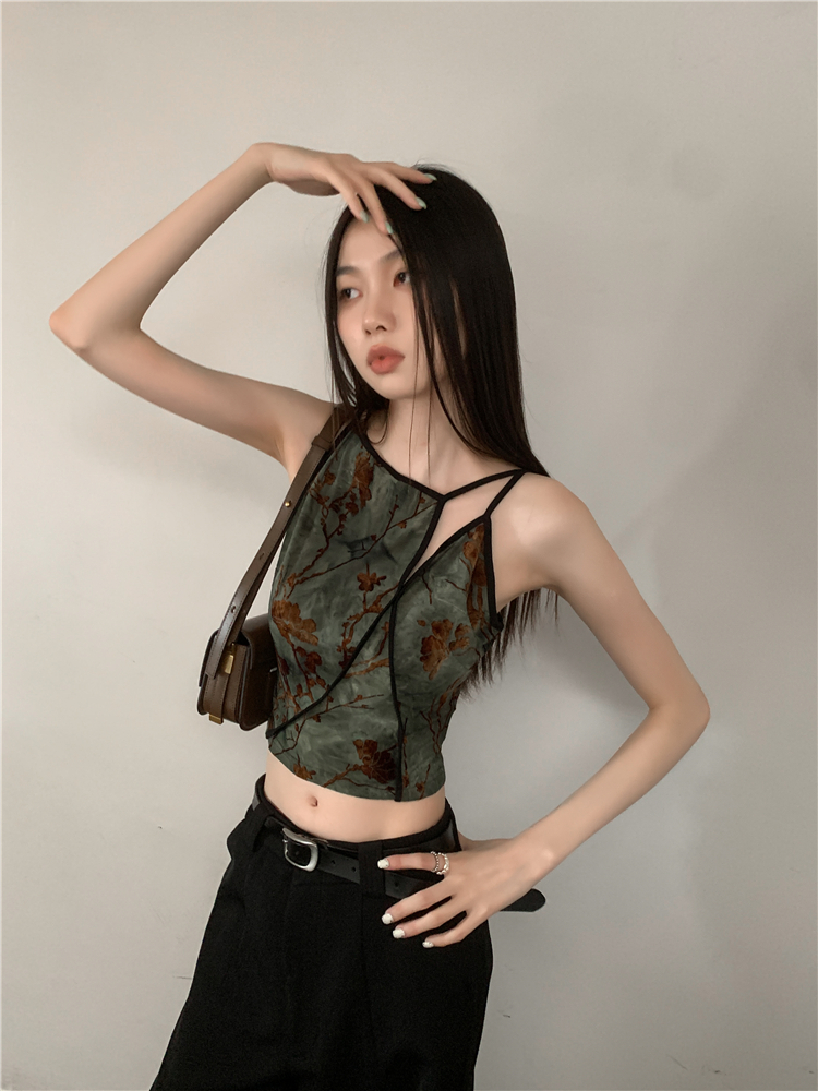 CHEERART Flocking Floral Vintage Crop Cami Top For Women Sleeveless Flower Green Tops Designer Clothes Luxury