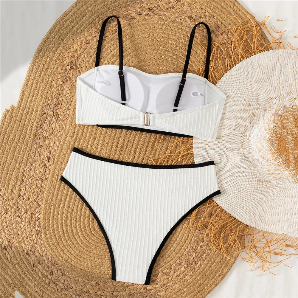 Solid White Swimwears Bandeau Bikinis Sets Ribbed Sexy Swimsuit Women 2026 Push Up Bathing Suit High Waist Bikini Mujer Biquins