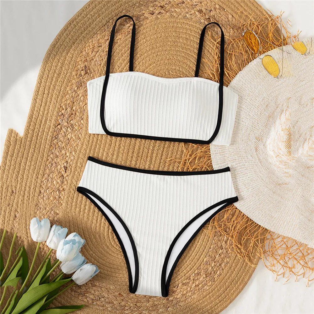 Solid White Swimwears Bandeau Bikinis Sets Ribbed Sexy Swimsuit Women 2026 Push Up Bathing Suit High Waist Bikini Mujer Biquins