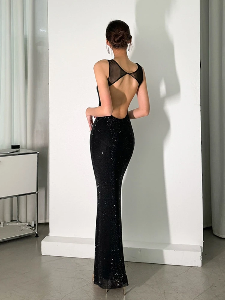 Sexy Square Collar Mesh Patchwork Diamonds Long Dress Women Backless Shiny Rhinestone Slim Dresses Evening Party Cocktail Gowns