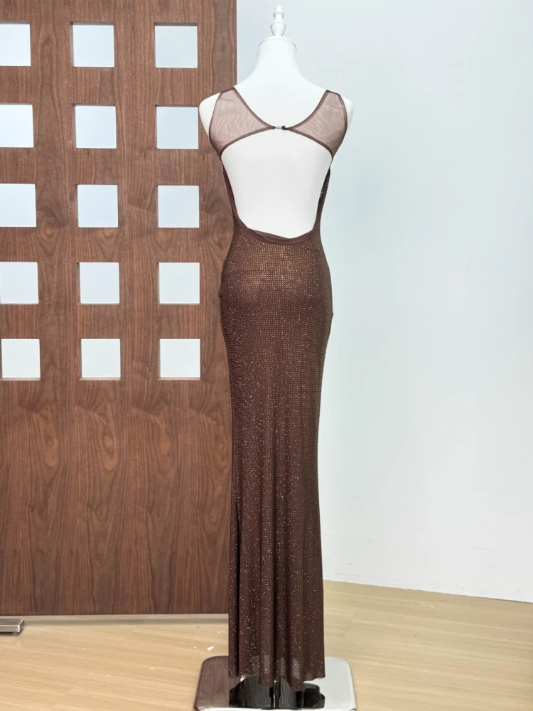 Sexy Square Collar Mesh Patchwork Diamonds Long Dress Women Backless Shiny Rhinestone Slim Dresses Evening Party Cocktail Gowns
