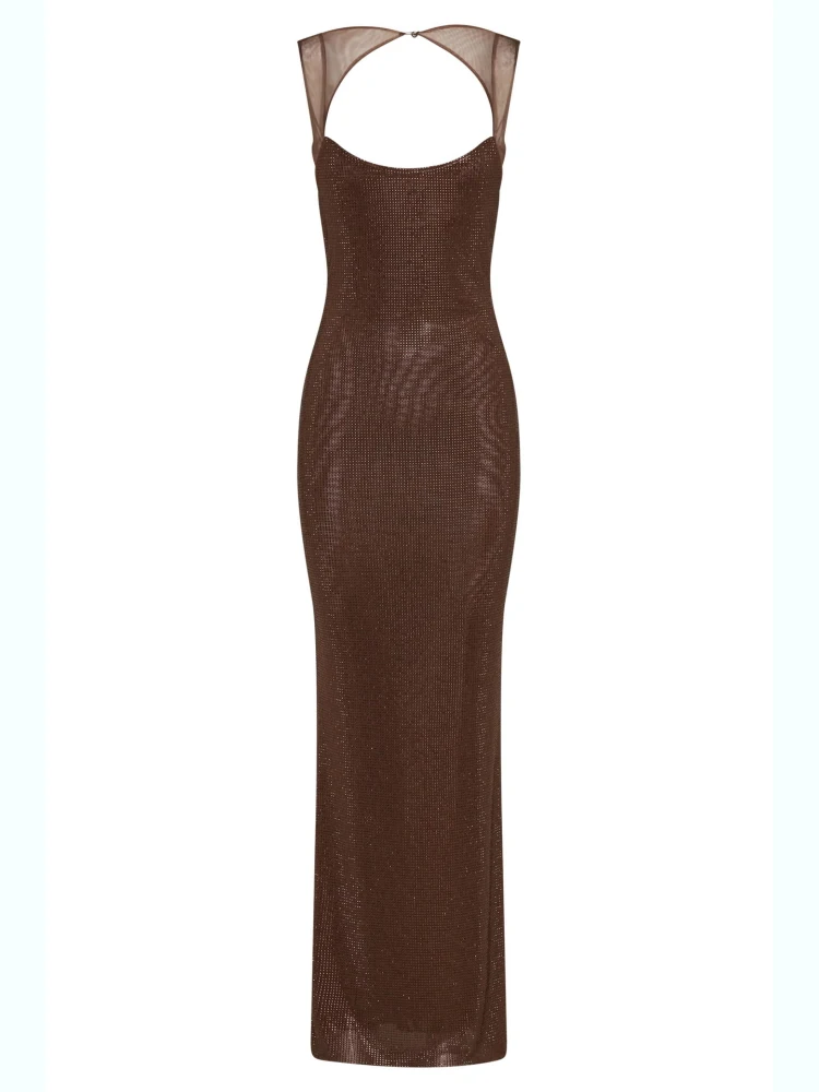Sexy Square Collar Mesh Patchwork Diamonds Long Dress Women Backless Shiny Rhinestone Slim Dresses Evening Party Cocktail Gowns