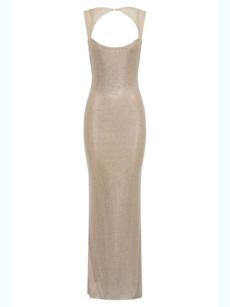 Sexy Square Collar Mesh Patchwork Diamonds Long Dress Women Backless Shiny Rhinestone Slim Dresses Evening Party Cocktail Gowns