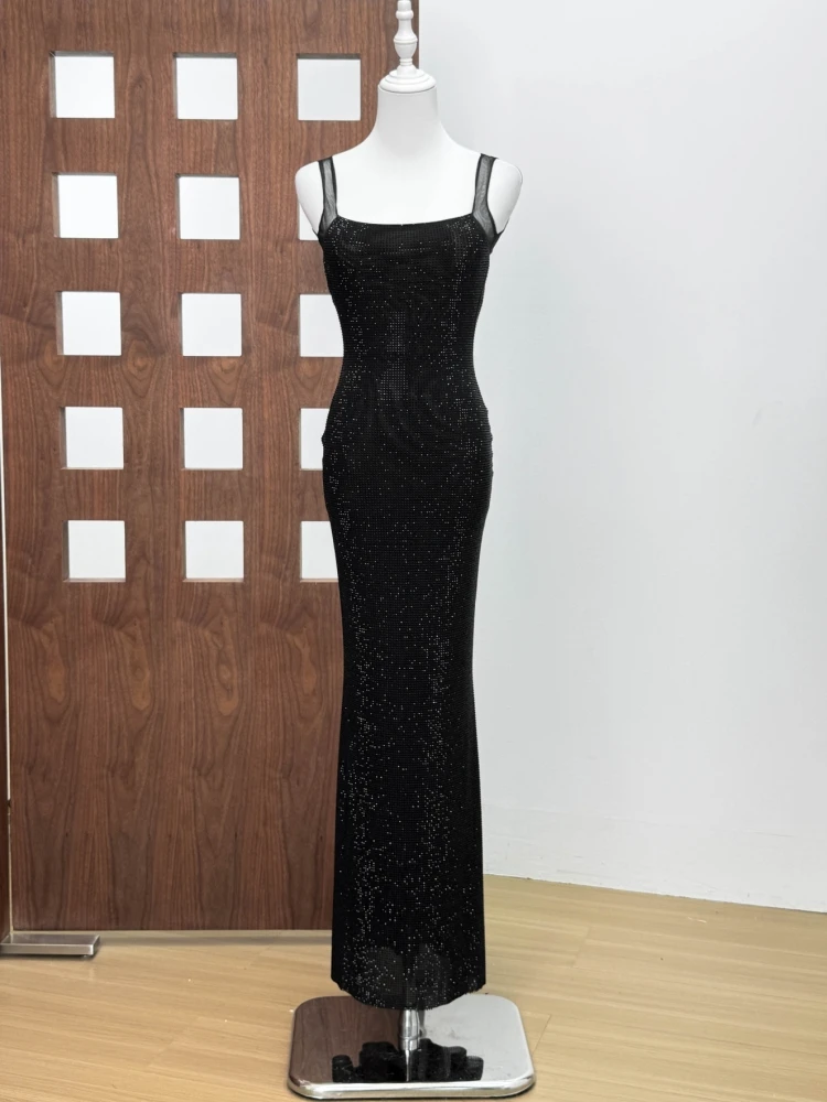 Sexy Square Collar Mesh Patchwork Diamonds Long Dress Women Backless Shiny Rhinestone Slim Dresses Evening Party Cocktail Gowns